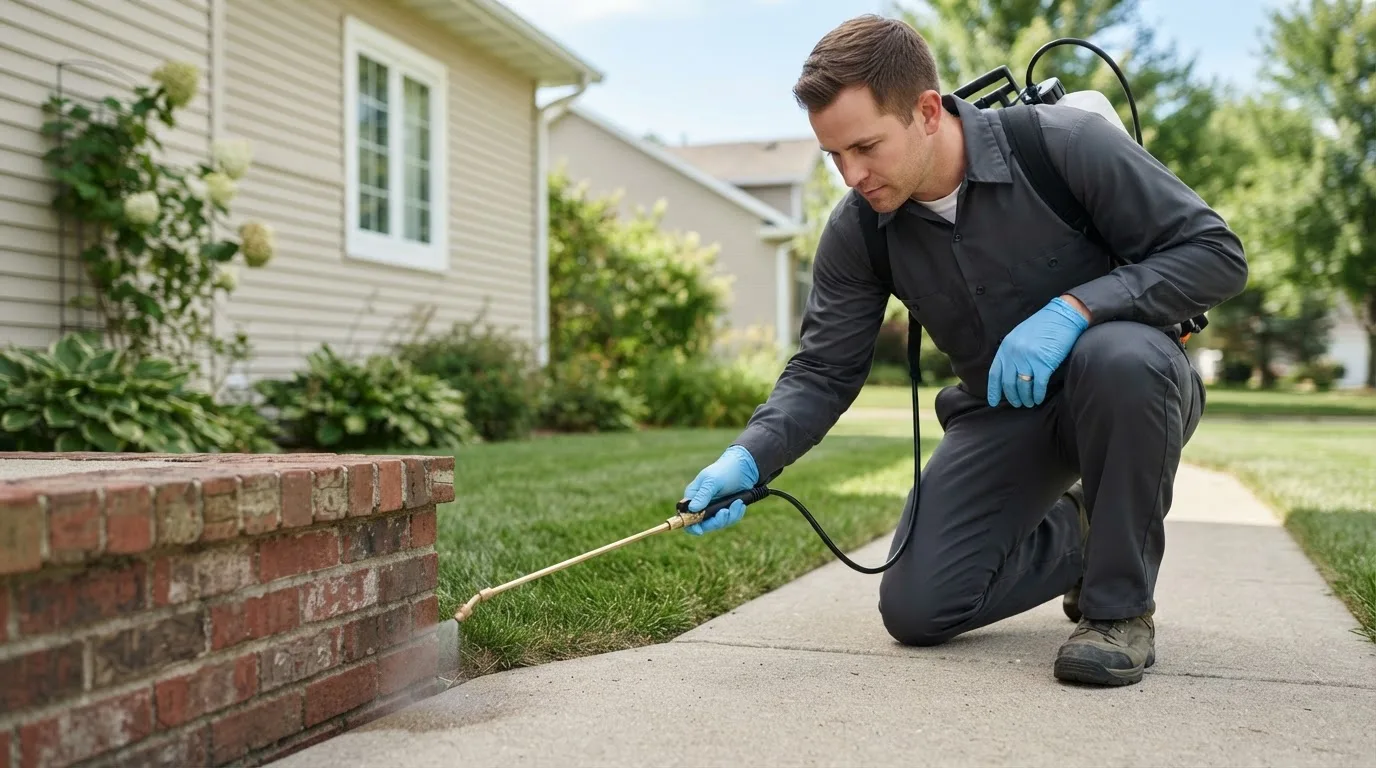 Pest control technician treating a home near Canandaigua, NY